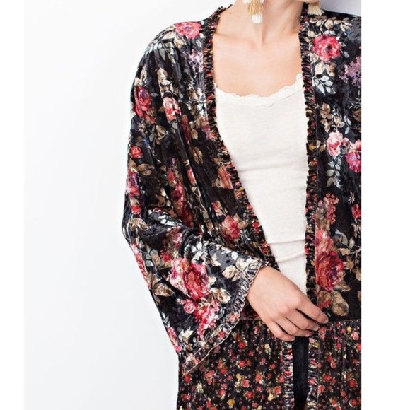 Boho Gypsy Black Floral Kimono Cardigan Tunic - Picture 8 of 8